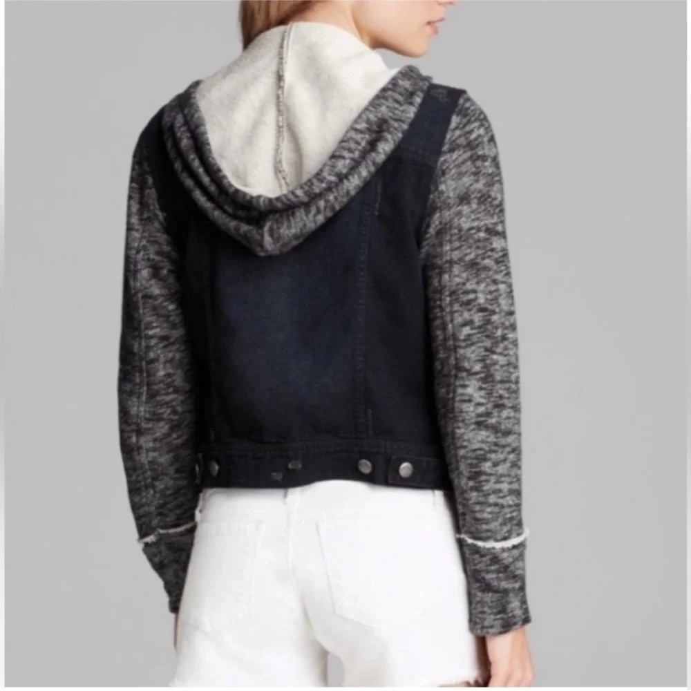 Free People Distressed Mixed Media Denim Jacket Black Sweater Sleeves – M
